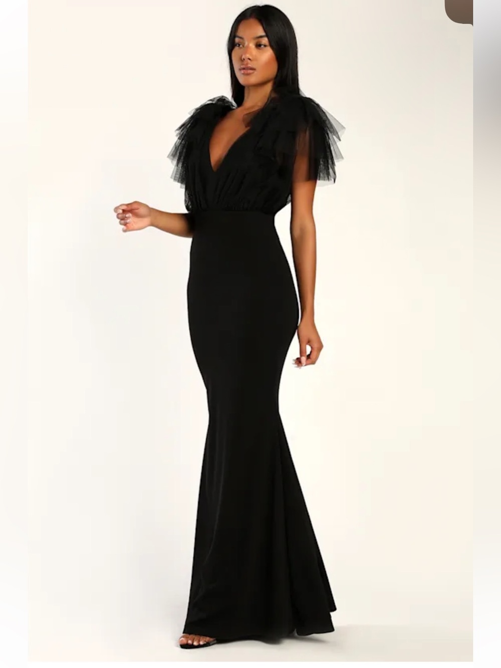 NWT Lulus Fabulous Fun Black Tulle Flutter Sleeve Mermaid Maxi Dress